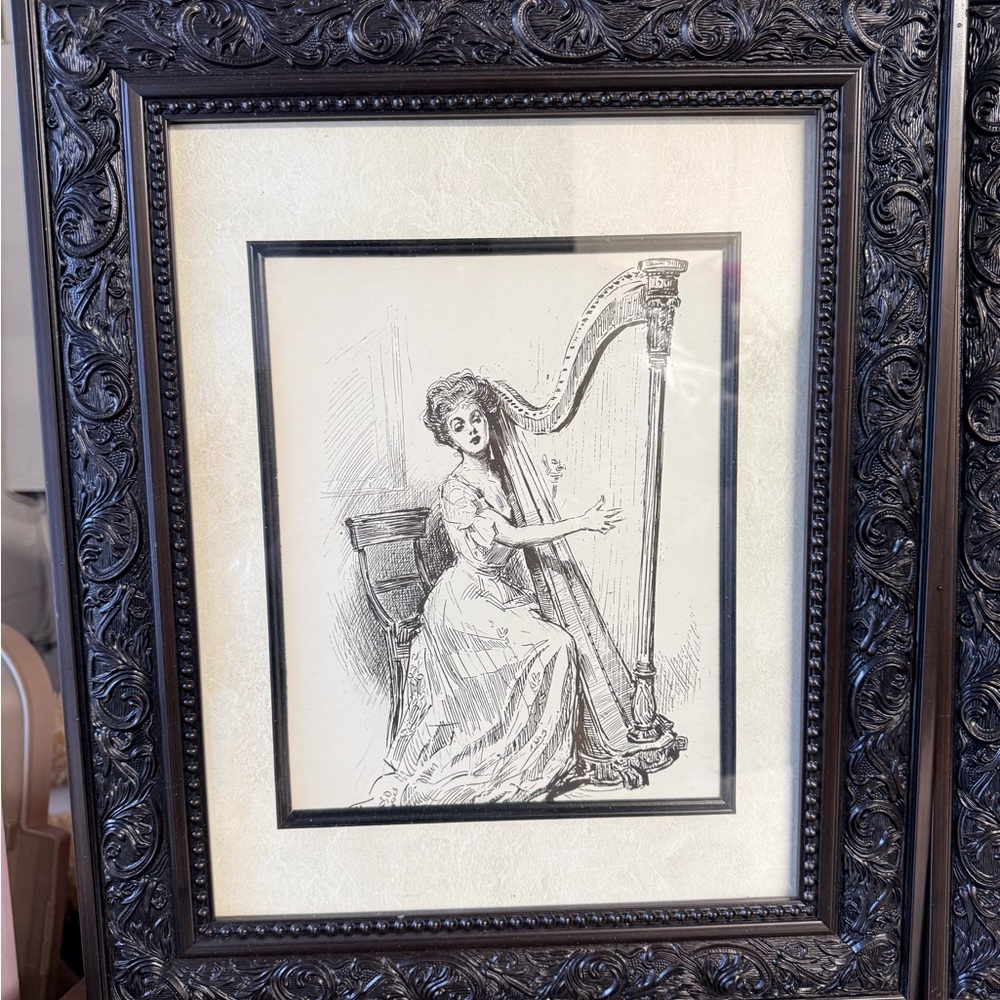 Ornate Black wooden Framed Harpist Sketch